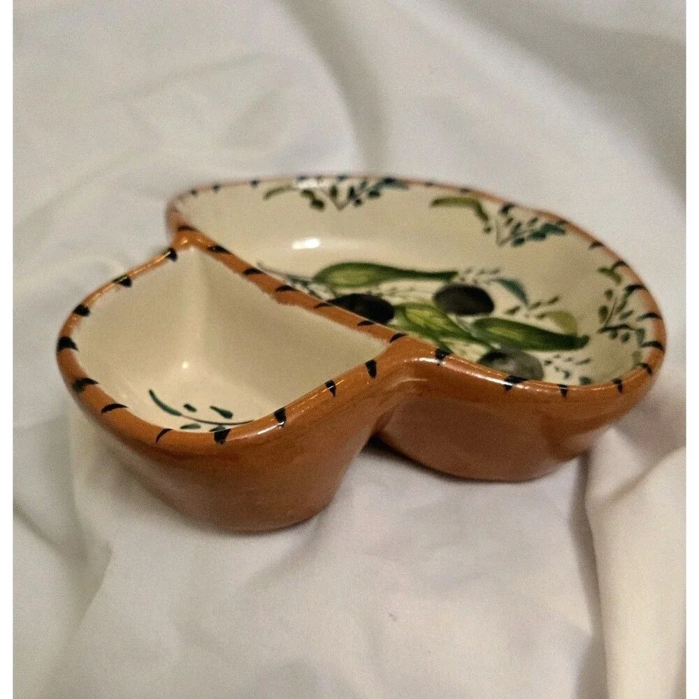 Vintage Casafina Olive dish With Sidecar Hand Painted, Signed Portugal Pottery.